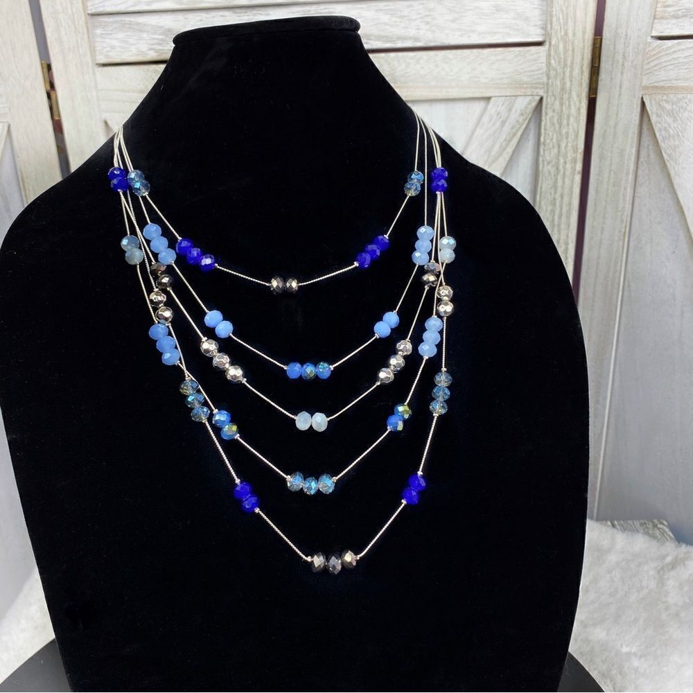 Dillard’s Layered Beads Fashion Necklace Blue Silver‎